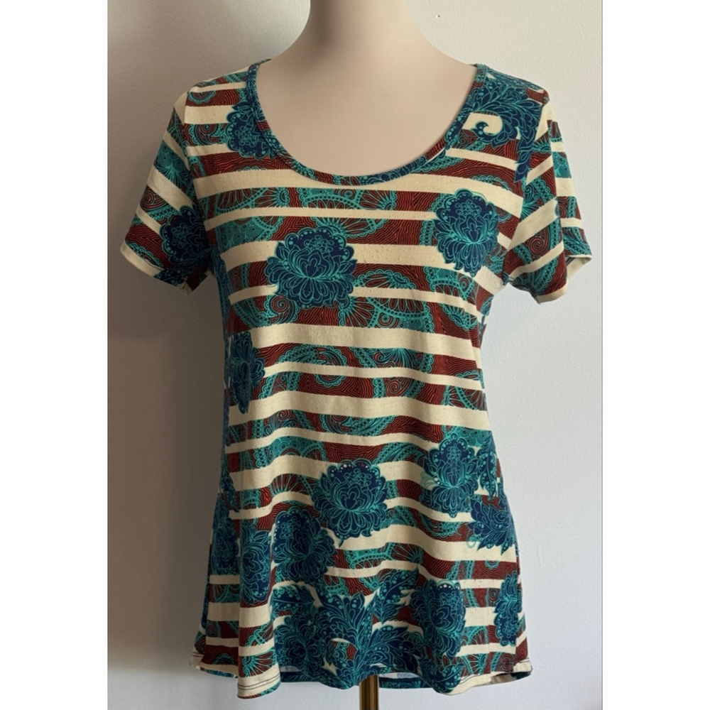 Women's LuLaRoe Tunic Top XS Beige Red Teal Floral Stripe